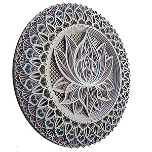 Tria Home Wall Decor - Multilayered Laser Cut Carved Elegant Wooden Lotus Flower Mandala Hanging MDF Panels for Room Decoration - Rustic Shabby Contemporary Artwork for Living Room, Bedroom and Office