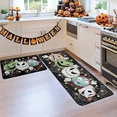 2Pcs Halloween Kitchen Floor Mat Doormat Lantern Cartoon Decorative, Non-Slip Crystal Velvet Doormat, Indoor/Outdoor Cute Kitchen Rug for Front Door Entryway Porch Fall Decor 16x24+16x48Inch