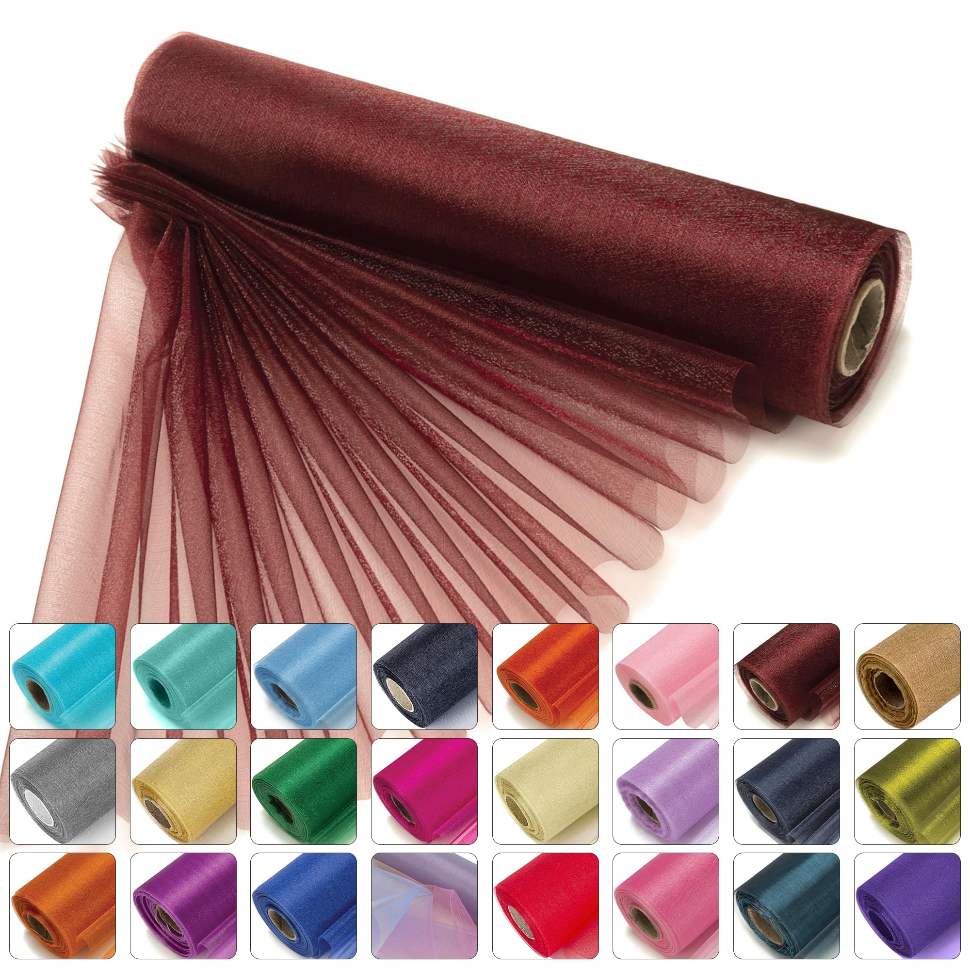 WedDecor 25m x 29cm Snow Sheer Organza Rolls Glitter Fabric for Table Runner Sashes Wedding Decoration, Chair Cover Bows, Table Back Drop, Ribbon Crafting Supplies, Burgundy โ image 1