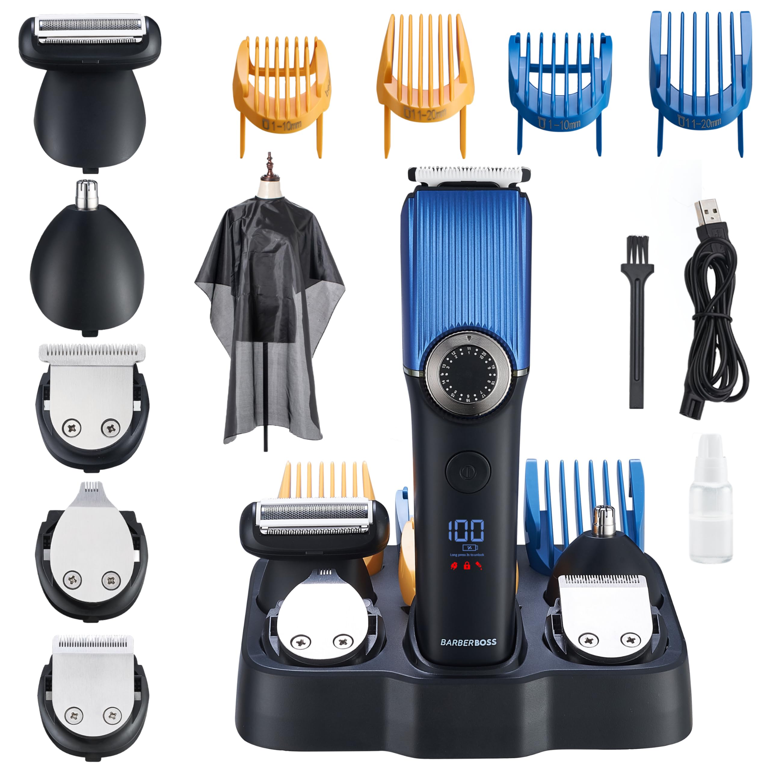 BarberBoss Beard Trimmer Men, Hair Clippers - Nose, Ear & Beard Grooming Set, Ceramic Blade, Waterproof, LED Display, Precision Dial, 39 Cutting Lengths, Rechargeable