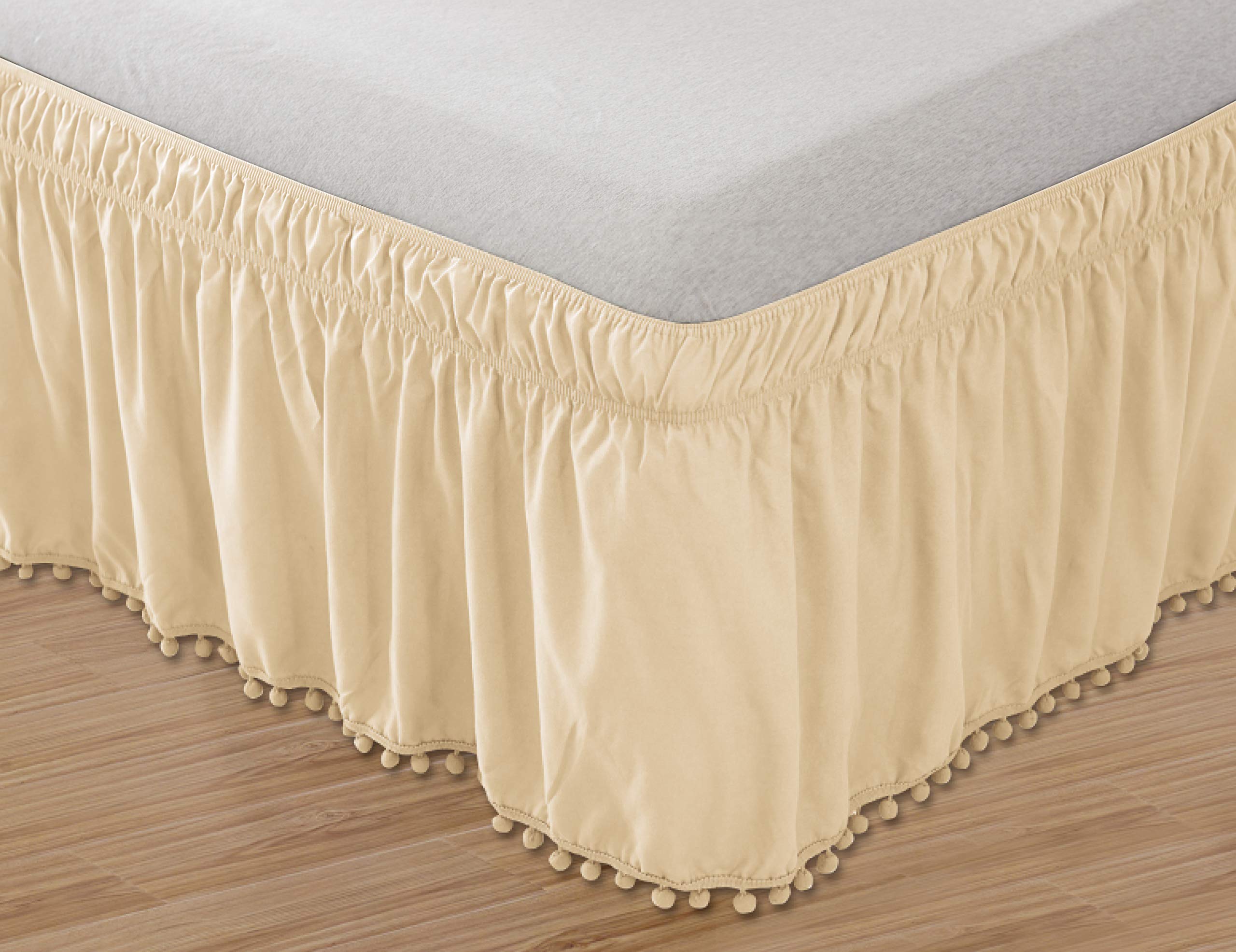 Elegant Comfort POM-POM-BedSkirt-Queen/King Cream Top-Knot Tassle Pompom Fringe Ruffle Skirt Around Style Elastic Bed Wrap-Wrinkle Resistant 16" Drop, Queen/King, Beige