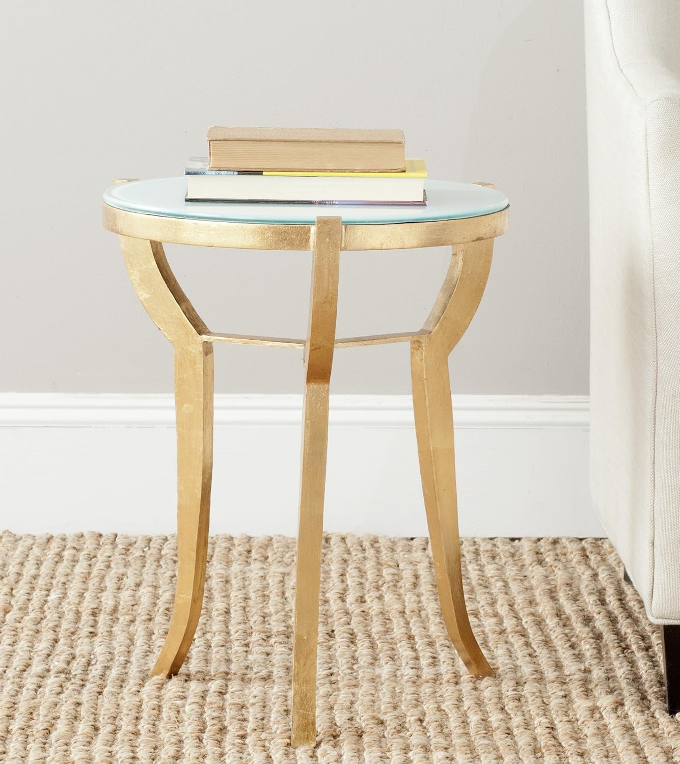 SAFAVIEH Glam Accent Table with Iron Legs, in Gold and White, 42 X 42 X 52.07, Gold / White Glass, 41x41x52.07 cm - Image 4