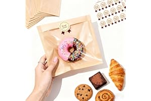 FRACIJUY 100 Pack Heat Seal Bakery Bags with Window, 7.1x7.5" Paper Cookie Sleeves Packaging with Sticker, Treat Pastry Donut Bag for Individual Sale Business, Brownie Sandwich Supplies Christmas Gift Giving