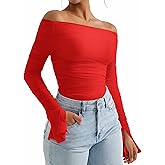 OMKAGI Women Long Sleeve Tops Boat Neck Off Shoulder Shirts Fitted Going Out Y2K Crop Top
