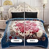 YHSF Korean Mink Blanket - 2 Ply Thick & Soft Reversible Printed Plush - Warm Cozy & Comfy Korean Faux Mink Blanket - Easy Care, Fade-Proof, Flower/Light Blue, Queen Size, 5 LB, 87 in x 75 in