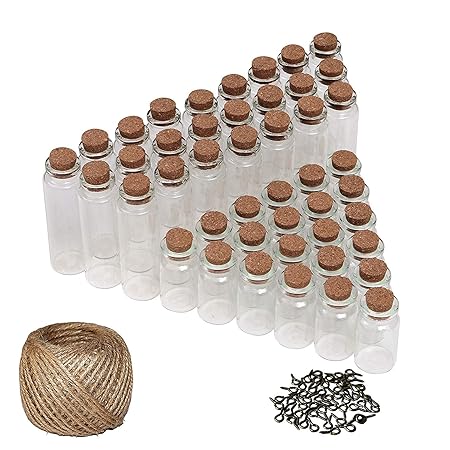 50 Set DIY Mini Glasfläschchen Glasflaschen mit Korken (25 Klein, 25 Groß), 30 Meter Garn und Ösenschrauben - Kleines Fläschc