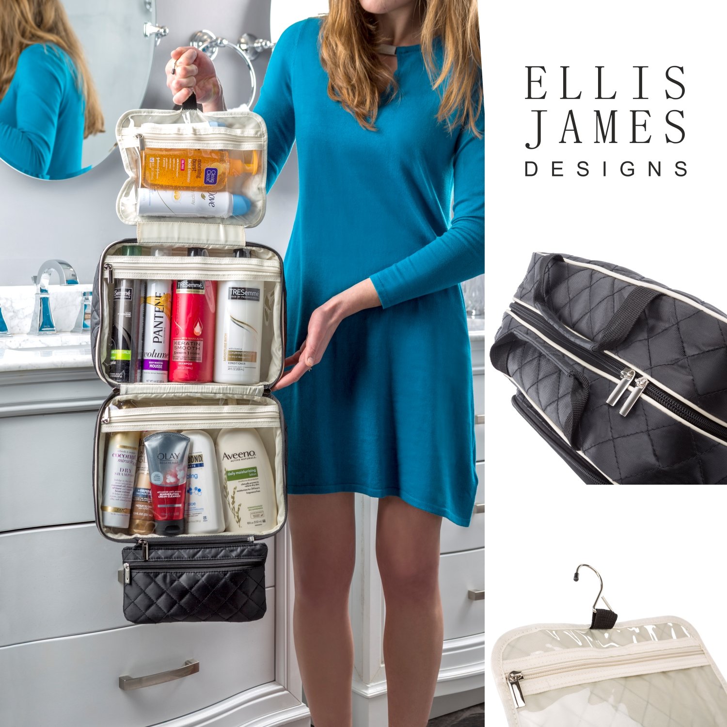 Ellis James Designs Large Travel Toiletry Bag for Women with Hanging Hook, Black, Big Wash Bags - Hair Dryer Case - Multi-use Toiletries Kit Cosmetics Makeup XL Bathroom Organizer Suitcase Luggage