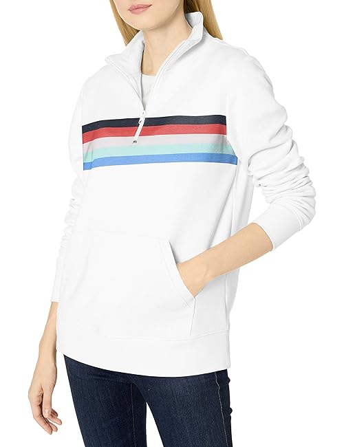 Amazon Essentials Women's Long-Sleeve Fleece Quarter-Zip Top (Available in Plus Size), Red White Placed Stripe, X-Large