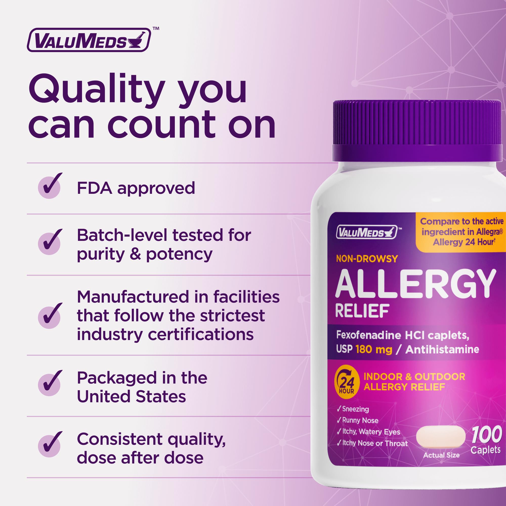 ValuMeds Fexofenadine HCl 180mg | Compare to Allegra | 24-Hour Allergy Relief, Non-Drowsy Antihistamine Generic Medicine for Allergies, Hay Fever, Itchy Eyes | for Kids & Adults (100-Count)