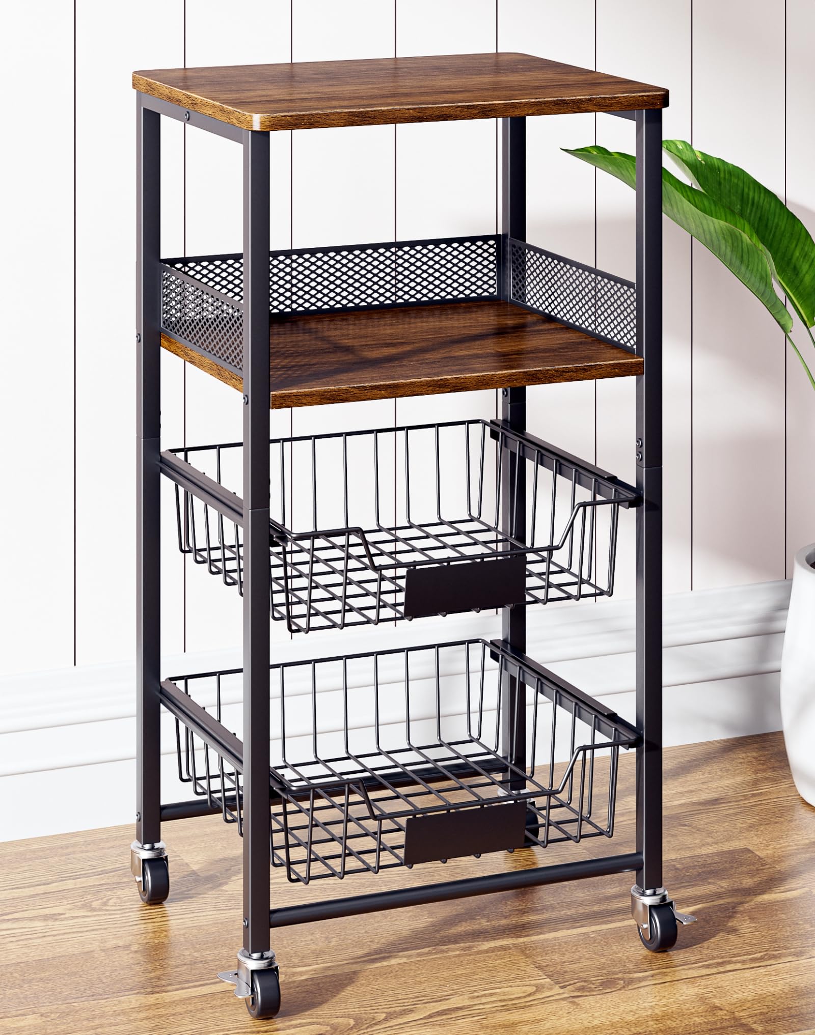 Photo 1 of OKZEST 4-Tier Small Kitchen Storage Cart on Wheels, Rolling Pantry and Snack Organizer Cart with Pull-Out Baskets & Wood Top, Utility Kitchen Fruit Basket Stand for Fruit Potato Onion Vegetable Snack