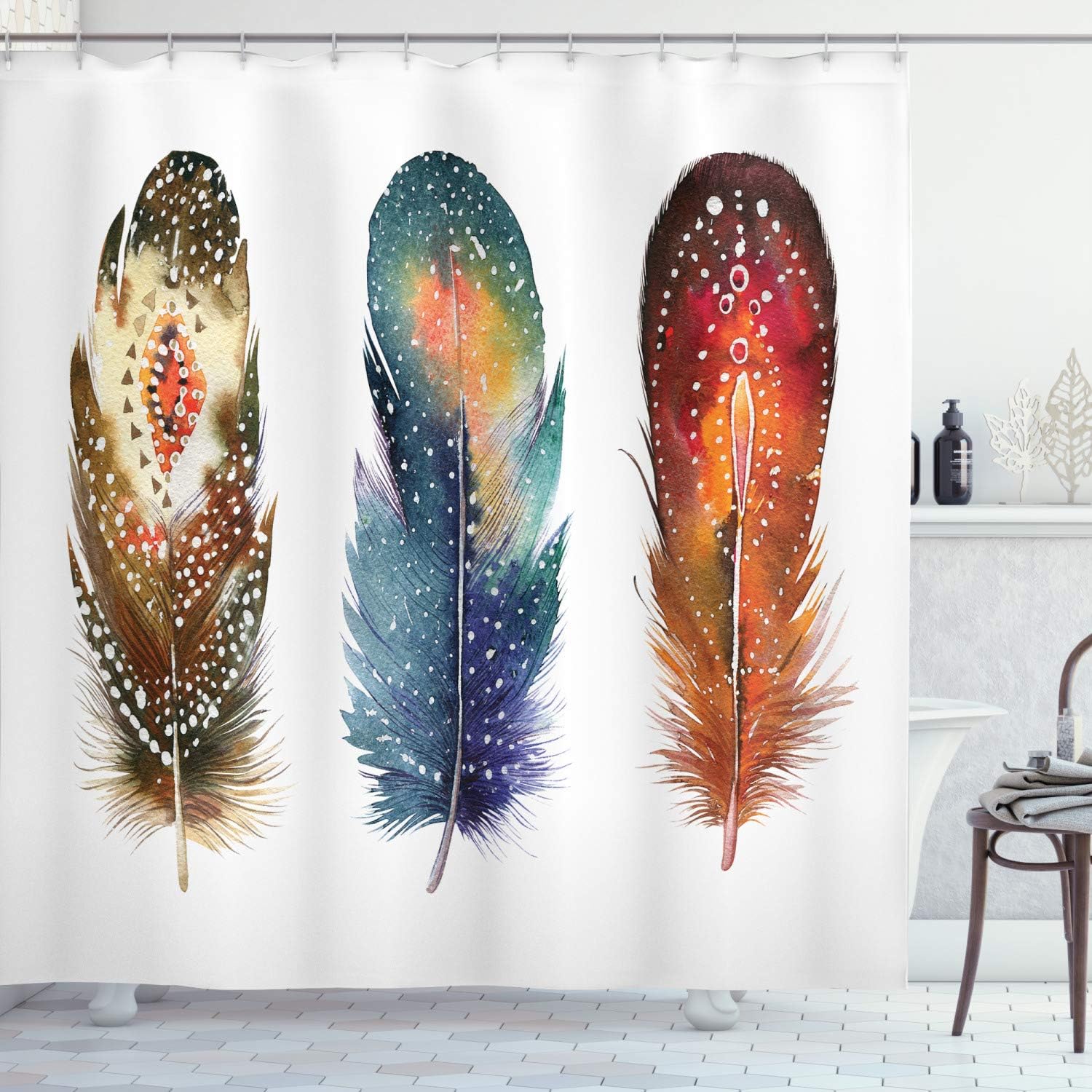 Ambesonne Asian Shower Curtain, Feathers with Ornament Ceremonial Esoteric Inspired Design Print, Cloth Fabric Bathroom Decor Set with Hooks, 84