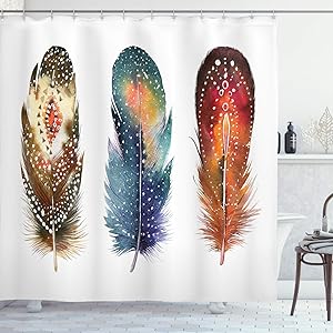 Ambesonne Asian Shower Curtain, Feathers with Ornament Ceremonial Esoteric Inspired Design Print, Cloth Fabric Bathroom Decor Set with Hooks, 84