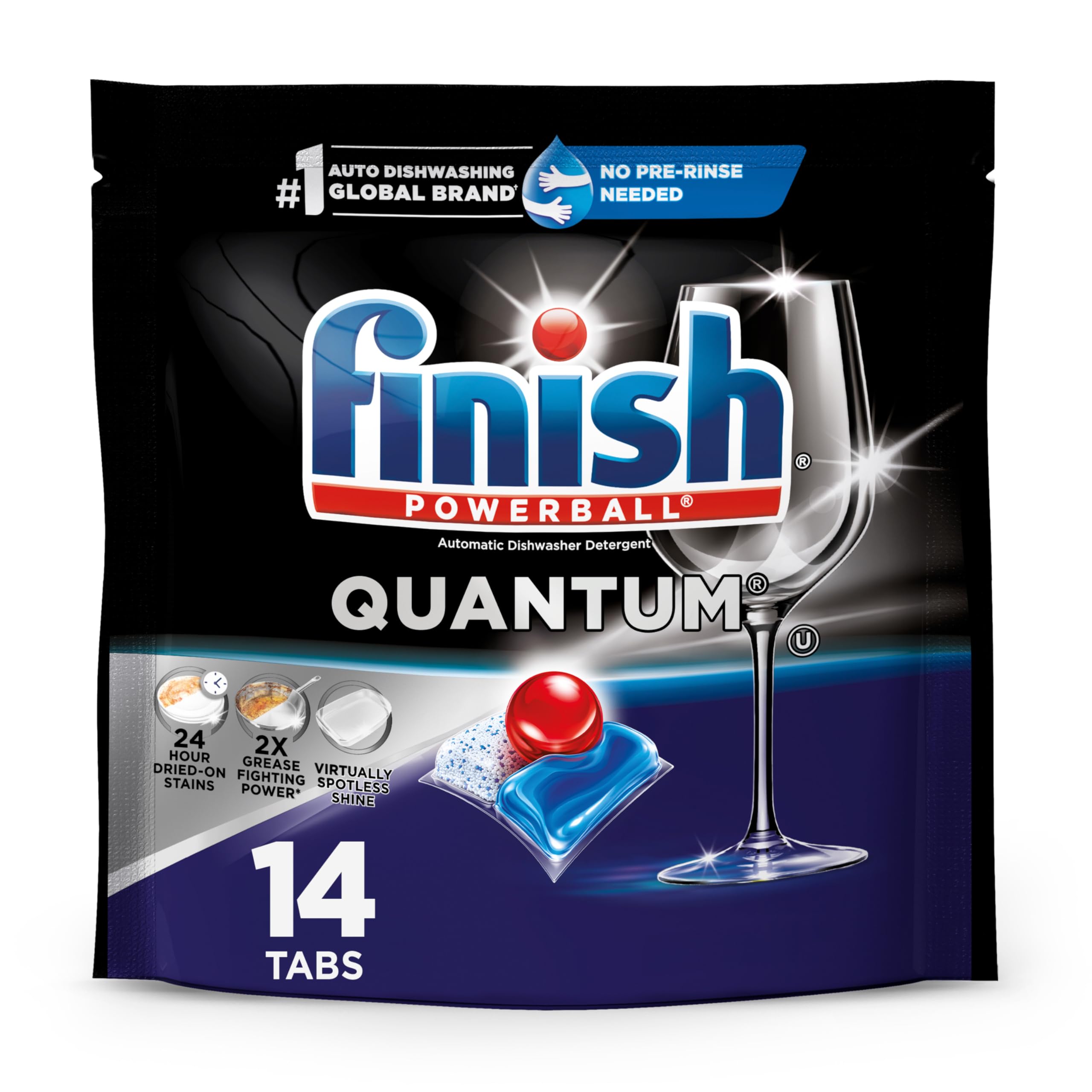Finish Quantum Dishwasher Pods, No Pre-Rinse Dishwasher Detergent Soap Removes 24HR Dried-On Stain and Grease, Leaving a Virtually Spotless Shine, 14 Count