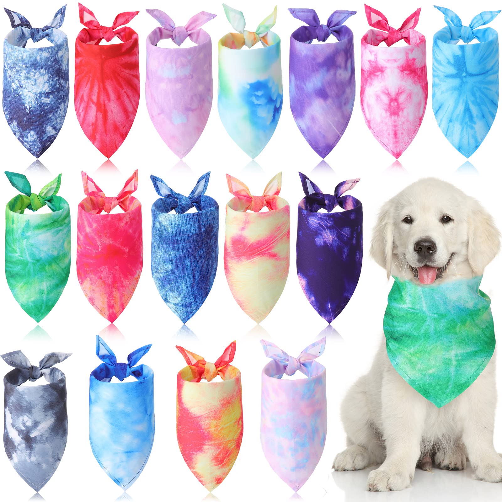 16 Pcs Tie Dye Dog Bandanas Rainbow Triangle Bulk Scarf for Dogs Pets Kerchief Washable Cute Bib for Small Medium Large Dogs Puppy Cats(Vivid Style)