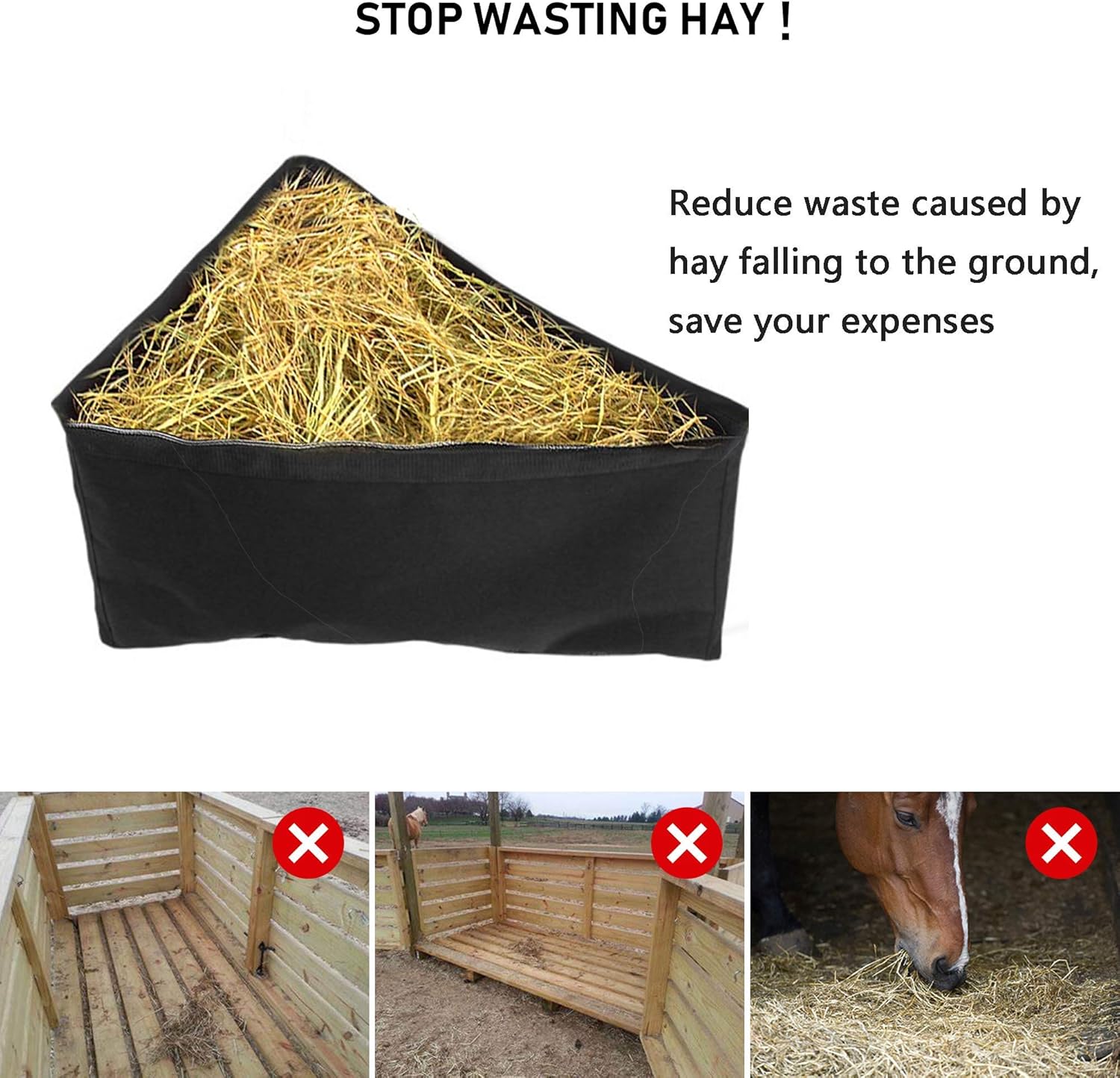 ASOOLL Horses Corner Feeder Deep Corner Hay Bag Goats Large Capacity Hay Feed Bags with Mesh Bottom and Snaps for Horse Trailer Stall,Black: Pet Supplies