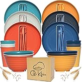 48 Pcs Wheat Straw Dinnerware Sets for 6- Unbreakable Dinnerware Set with Large Plates, Bowls and Cups-BPA Free, Lightweight, Microwave Safe Wheat Straw Plates and Bowls Sets, RV Camping Dishes