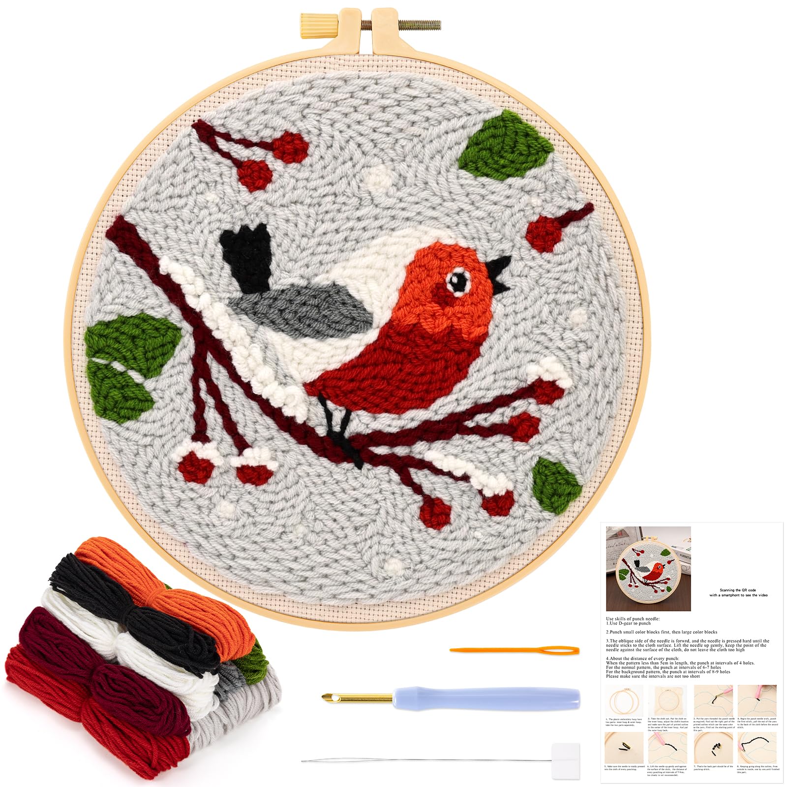 JSRQT Punch Needle Kit for Beginners, DIY Cross Stitch Rug Embroidery Kit with Little Bird Pattern for Adult Kids, Punch Needle Starter Kit with Tool for Home Decor