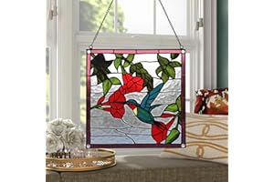 YOURANJU Square Stained Glass Window Hanging Handmade Tiffany Style 12” Window Panel Perfect for Living Room Bedroom Kitchen Decoration Housewarming Gift (Hummingbird)