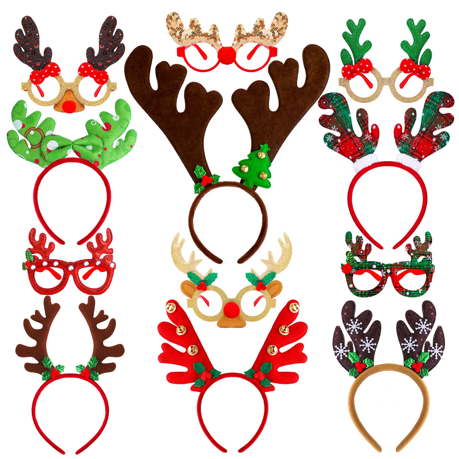 ANECO 12 Pack Christmas Reindeer Glitter Eyewear and Headbands Ornaments Creative Christmas Costume Antler Headbands Glasses Frame Assorted Styles for Christmas Party