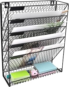 EASEPRES Wall File Holder Metal Chicken Wire Wall Mount Document Organizer, 6 Tier, Black