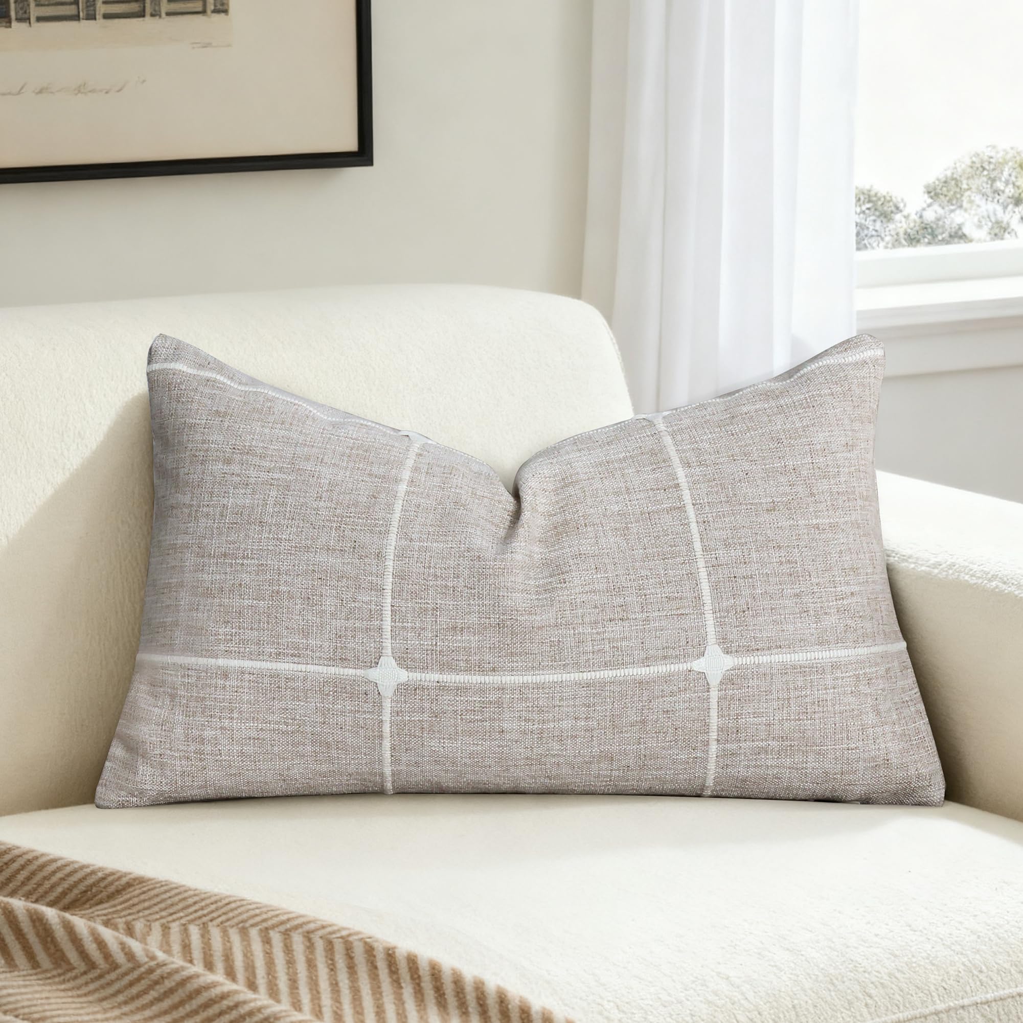 Photo 1 of QoBexim Lattice Cotton Linen Decorative Throw Pillow Covers Modern Embroidery Lumbar Pillowscases Cushion Covers Shams Home Decor for Sofa Chair Couch Bedroom Living Room, 12 x 20 Inch, Plaid Coffee