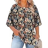 LOMON Womens Plus Size Tops Summer 3/4 Length Sleeve Crewneck Blouses Dressy Casual Loose Curvy Flowy Tunic Shirts 1X-5X