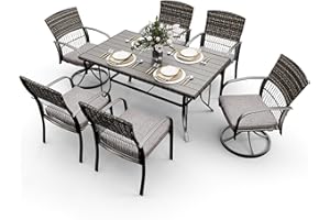 Pamapic 7 Piece Patio Dining Set for 6,Wicker Outdoor Furniture Set for Backyard Garden Deck Poolside with Iron Slats Table Top,4 Dining Chairs and 2 Swivel Rockers,Removable Cushions(Gray)