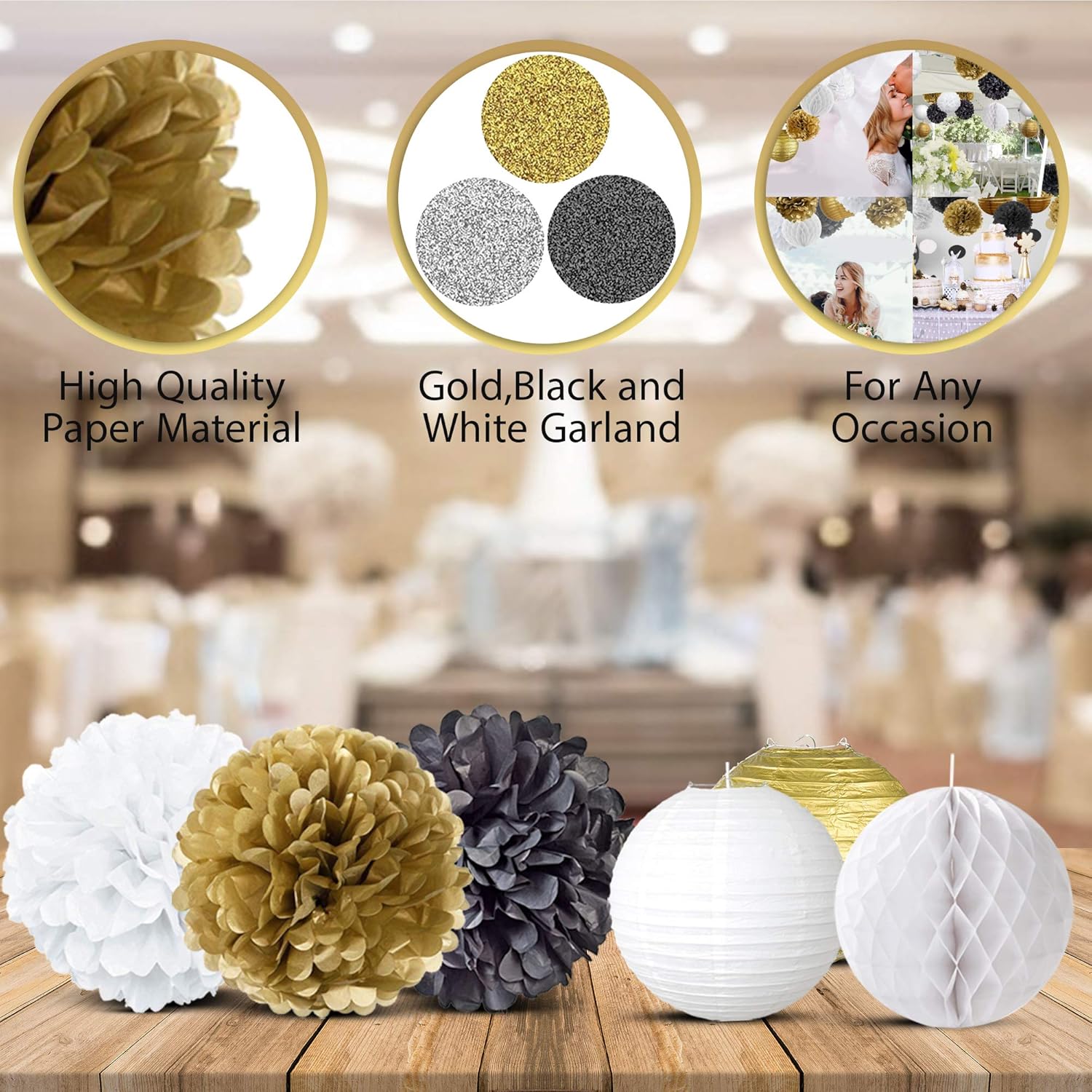 EpiqueOne 22-Piece Party Decoration Kit – Hanging Paper Lanterns, Honeycomb Balls and Tissue Paper Pom Poms for Special Occasions – Easy to Assemble – Colors: Black, Gold and White: Health & Personal Care