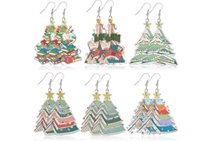 Quelay 6 Pairs Christmas Books Earrings Bulk as Teacher Gifts Cute Book Earrings as Lovers Gifts Stack Christmas trees Double Sided Acrylic Party Jewelry