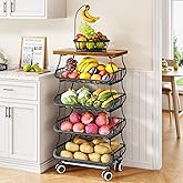 SAYZH Fruit Basket Kitchen Pantry Organizers and Storage - Wooden Top Table, Stackable Metal Wire Basket Stand Cart for Fruit Vegetable Snacks Onion Potato Organization, Black