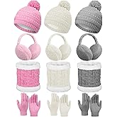 Suhine 12 Pcs Winter Soft Kid Hat Scarf Gloves Earmuffs Set Knit Hat and Gloves Neck Warmer Plush Ear Muffs for Kid Aged 3-10