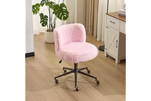 VINGLI Plush Upholstery Vanity Desk Chair with Curved Back & 90-102° Tilt & Adjustable Height, Cute Rolling Chair with Bronze Base & Golden-Bronze 360° Swivel Wheels for Makeup &Home Office,Light Pink