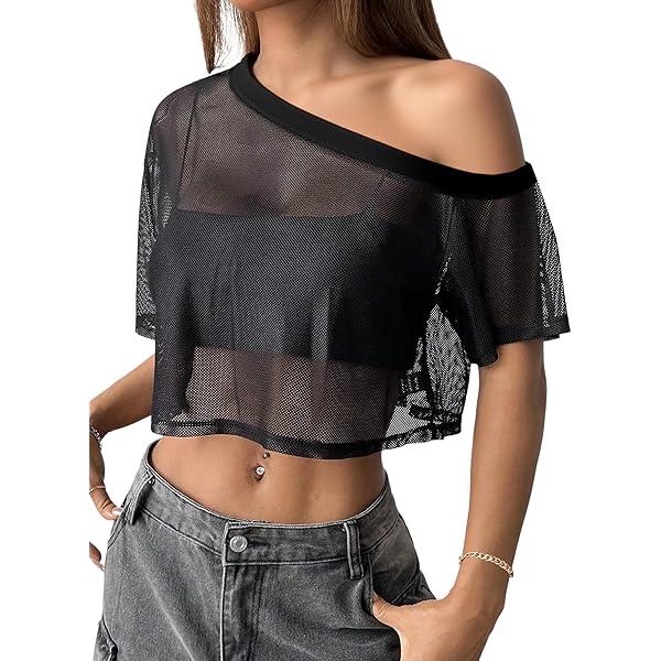 Avanova Women Sexy Sheer Mesh Crop Top See Through Oversized Short