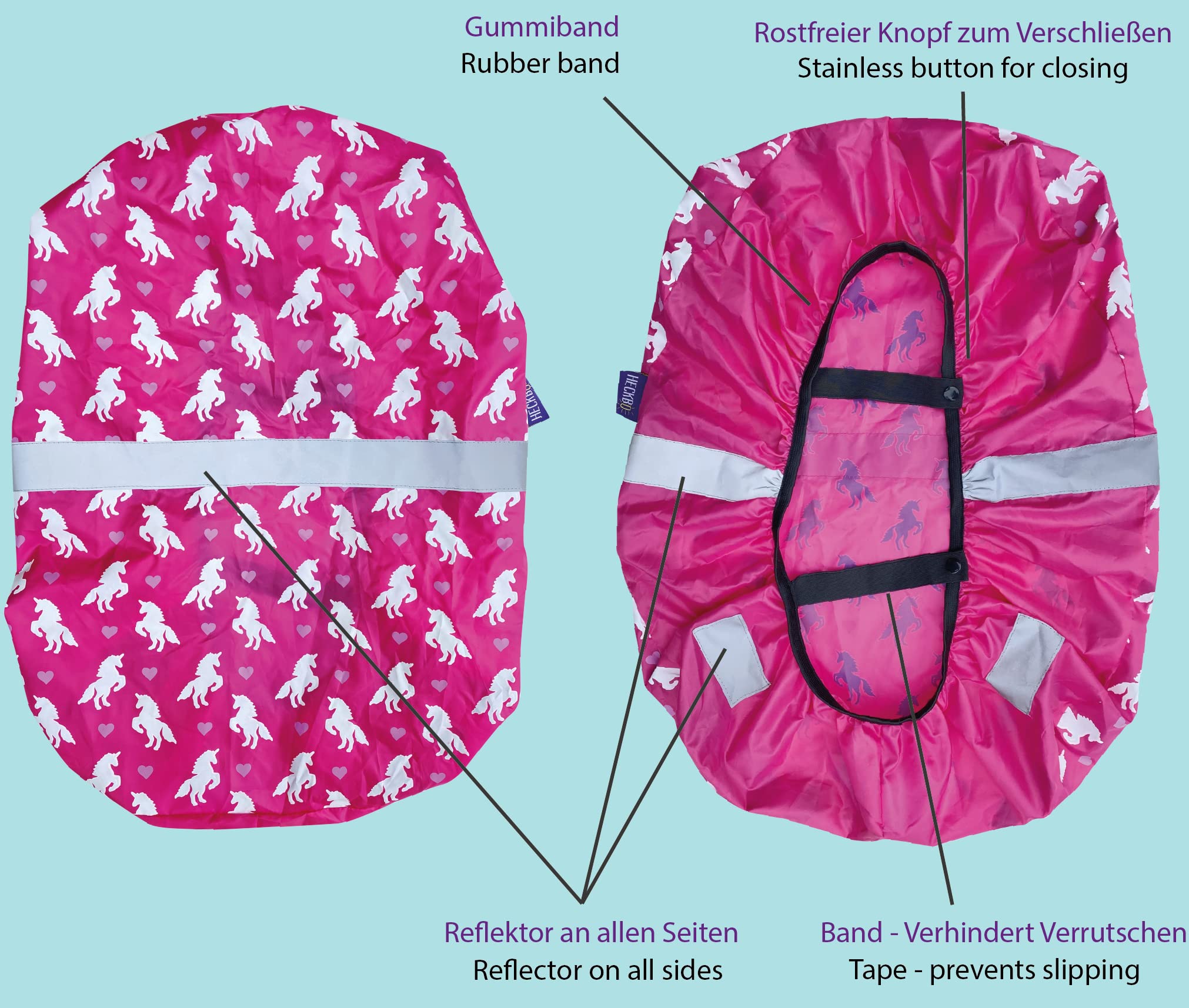 HECKBO Kinder Regenschutz Ranzenschutz Ranzen Rucksackhülle Einhorn - Farbwechsel bei Nässe - Reflektierende Sicherheitsstreifen - Wasserfestes Polyester - Universalgröße Einheitsgröße 2