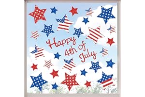 Whaline 4 Sheet Glitter Stars Window Clings Happy 4th of July Window Decals Glitter Red Blue White Patriotic Stars Double-Sided Window Decor for Independence Day Home School Office Supplies Decor