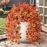 Artificial Fall Fake Flowers for Outdoor, 2 Pcs Faux Hanging Flowers Outdoor Fall Decor, UV Resistant No Fade Fake Mums Silk Flower for Front Door Porch Planters Patio Yard Garden(Orange Autumn Red)