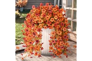 HOMMYEA Artificial Fall Fake Flowers for Outdoor, 2 Pcs Faux Hanging Flowers Outdoor Fall Decor, UV Resistant No Fade Fake Mums Silk Flower for Front Door Porch Planters Patio Yard Garden(Orange Autumn Red)