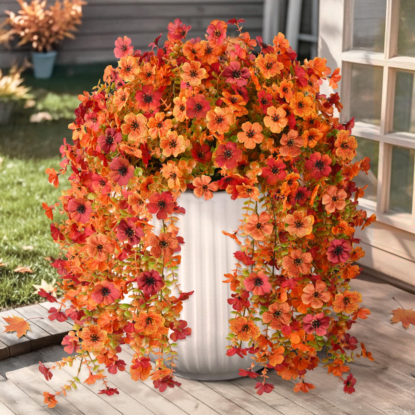 Photo 1 of Artificial Fall Fake Flowers for Outdoor, 2 Pcs Faux Hanging Flowers Outdoor Fall Decor, UV Resistant No Fade Fake Mums Silk Flower for Front Door Porch Planters Patio Yard Garden(Orange Autumn Red)