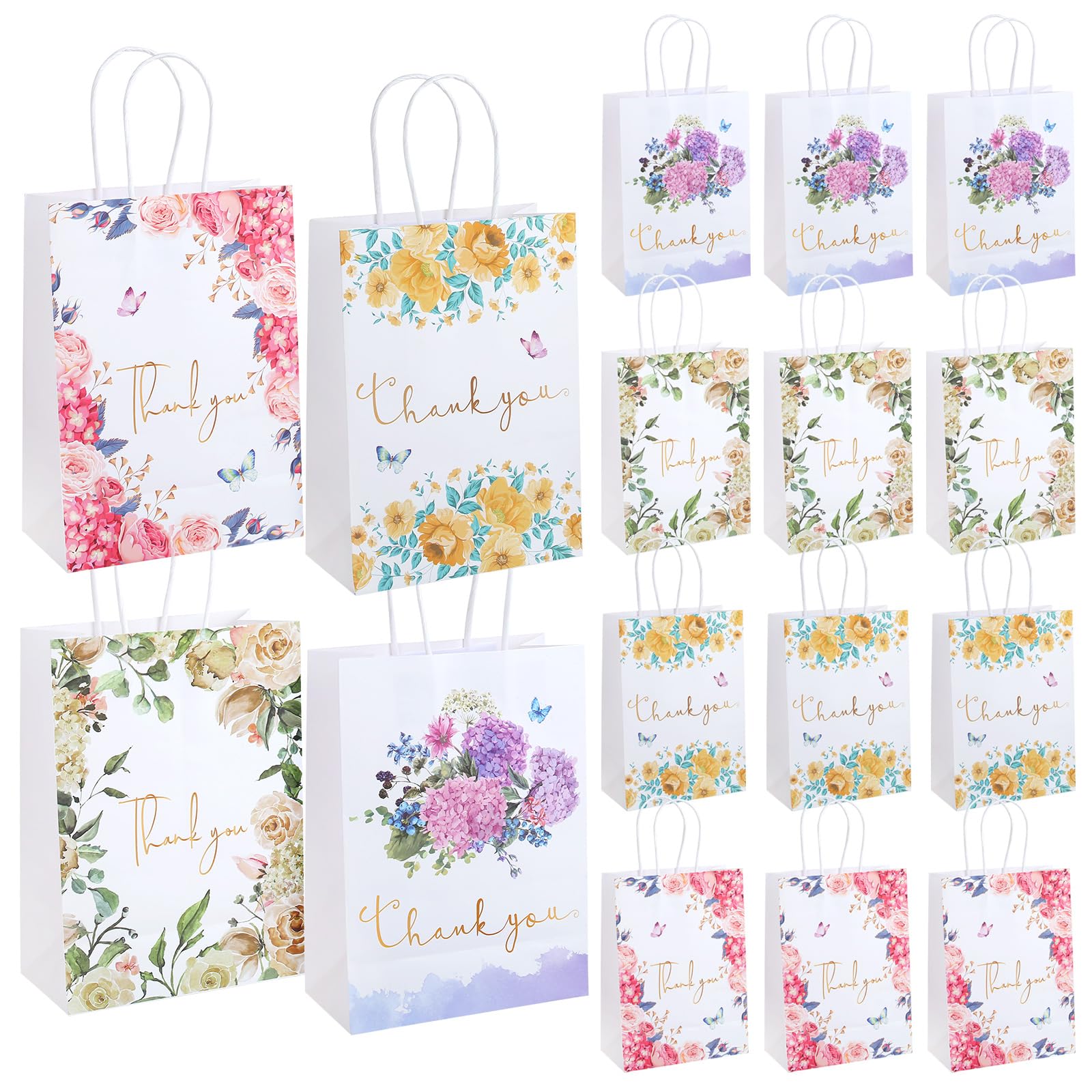 Kesote Thank You Gift Bags with Handles, 12 Pack 16 x 22cm Kraft Paper Favor Bags in 4 Assorted Patterns, Small Retail Boutique Bags for Birthday Party, Baby Shower, Wedding and Small Business