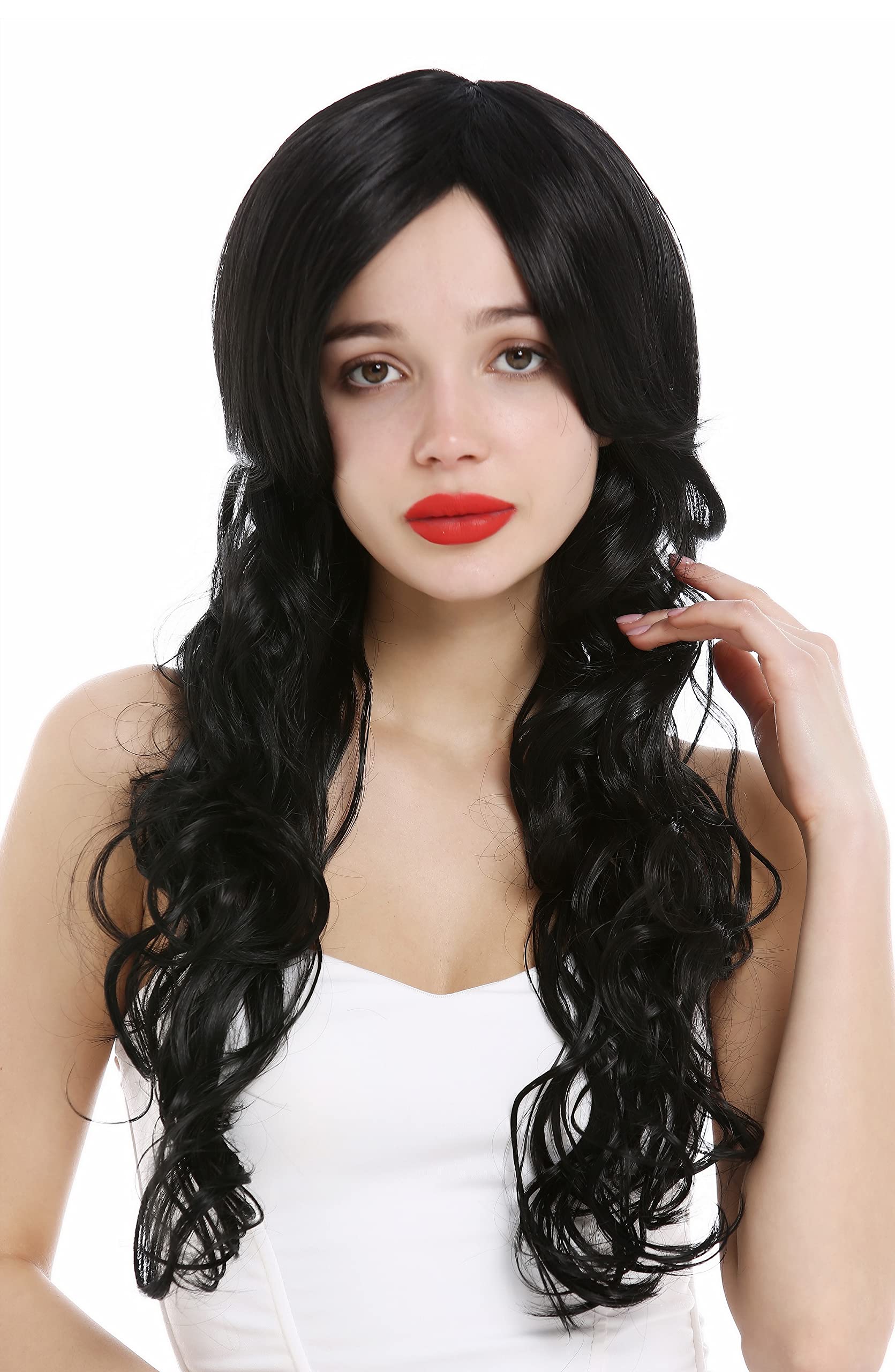 WIG ME UP - VK-47-1B Long lady wig wavy to curled wet look beach style salt and sea effect black