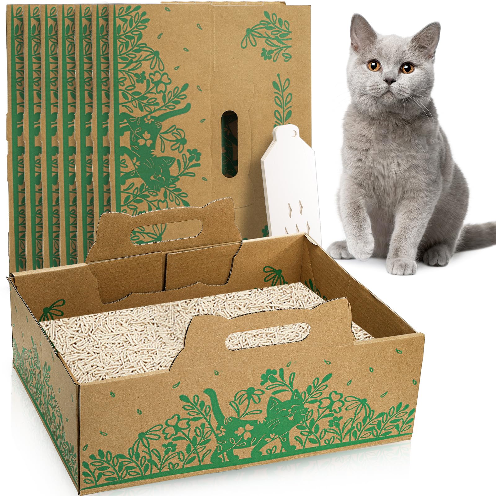 Photo 1 of WUWEOT 8 Pack Disposable Cat Litter Boxes, Leakproof Double Layer Cardboard Cat Litter Pan, Foldable Portable Small Pet Liner Tray with Scoop for Travel, 15.8 x 11.7 x 5.8 Inch