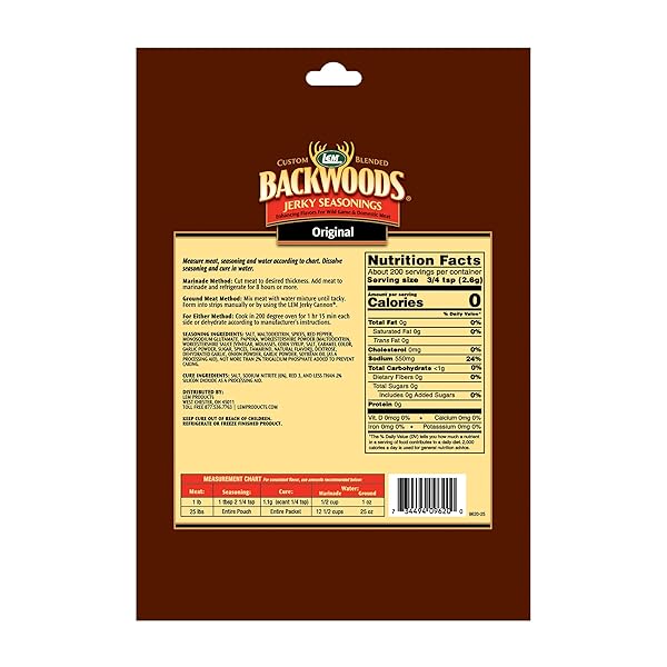 LEM PRODUCTS BACKWOODS ORIGINAL JERKY SEASONING, IDEAL FOR WILD GAME AND DOMESTIC MEAT, SEASONS UP TO 25 POUNDS OF MEAT, 18.3 OUNCE PACKET WITH PRE-MEASURED CURE PACKET INCLUDED