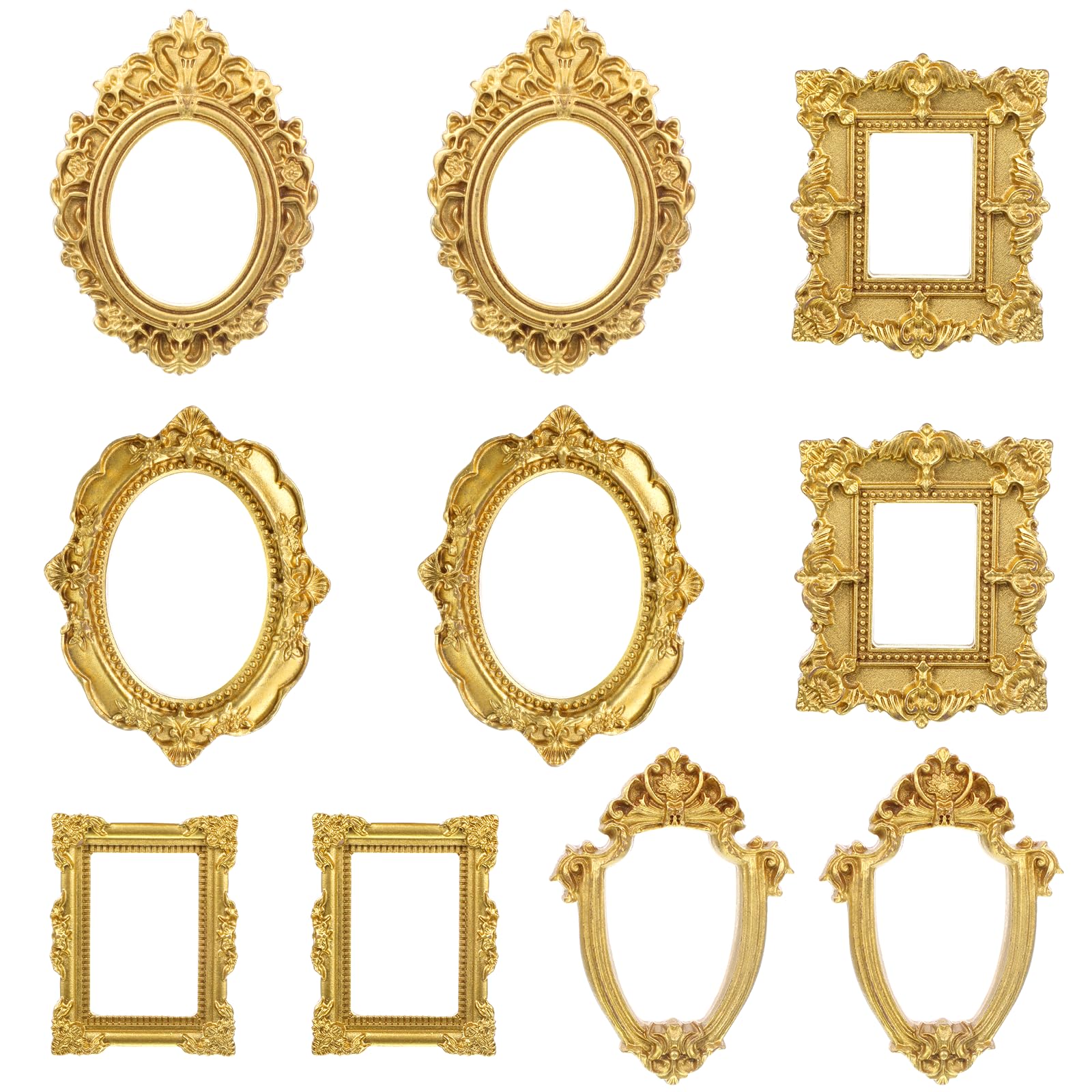Ajcotahm 10 PCS Vintage Mini Gold Frames, Small Picture Frames, Tiny Antique Resin Photo Frame for DIY Jewelry Display Holiday Party Photography Wall Hanging Decor