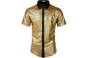 JOGAL Men's 70s Costume Rainbow Sequins Disco Party Dress Short Sleeve Button Down Shirts