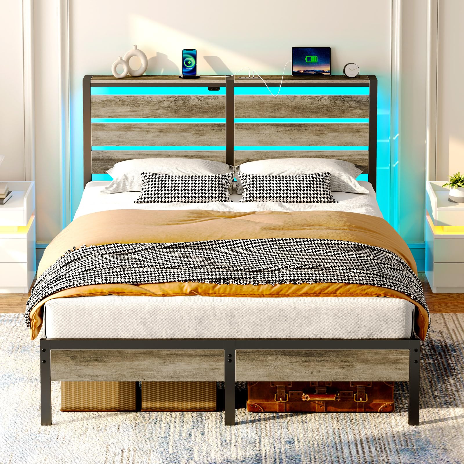 Rolanstar Bed Frame Full Size with USB Charging Station, LED Bed Frame with Wood Storage Headboard, Light Grey Metal Platform Bed with Under Bed Storage, No Box Spring Needed, Noise Free Image Rolanstar Bed Frame Full Size with USB Charging Station, LED Bed Frame with Wood Storage Headboard, Light Grey Metal Platform Bed with Under Bed Storage, No Box Spring Needed, Noise Free Image
