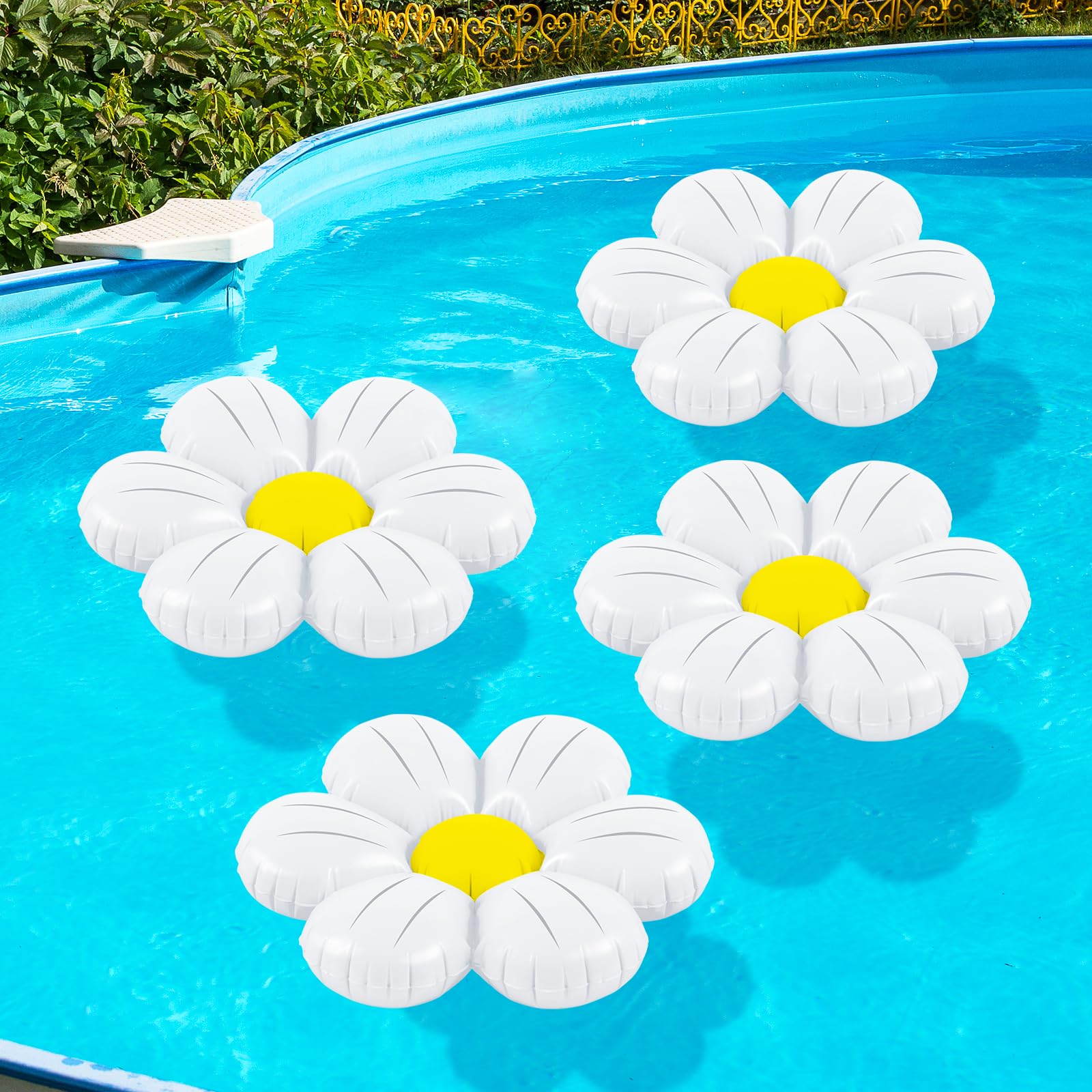 Photo 1 of ShinyRelief 4 Pcs Inflatable Pool Decorations Daisy Flower Pool Floats 20 Inches Inflatable Swimming Floaties for Summer Vacation Holiday Beach Hawaii Bachelor Party Supplies(White)