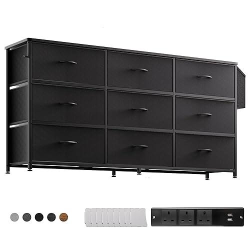 PURFINO Fabric Chest of Drawers - Large TV Stand for 43-65 Inch TVs with 9 Drawers, Label Cards, Side Pocket & Hook, Odor Free Storage Unit for Living Room, Hallway, Bedroom