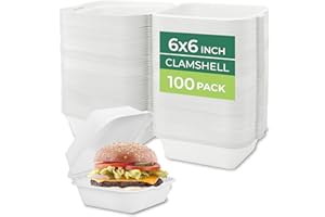 Freshware Clamshell Food Containers with Lids [6x6 100-Pack] Disposable To Go Containers, Biodegradable Sugarcane To Go Boxes - Paper Container - Microwave & Freezer Safe, Stackable