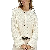 HOWALOOK Women's Cable Knit Sweater Long Sleeve Crewneck Casual Cropped Pullover Sweaters Boho Half Button Down Tops