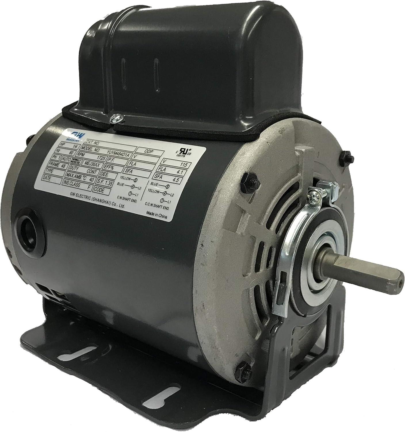 GW 1/4 HP Belt Drive Fan Motor, 115V, 48 Frame, Split Phase Start Capacitor Run Electric Motor, 1725RPM, SF 1.35, SFA 4.5A, ODP Enclosure, Resilient Base, Auto Overload Protector